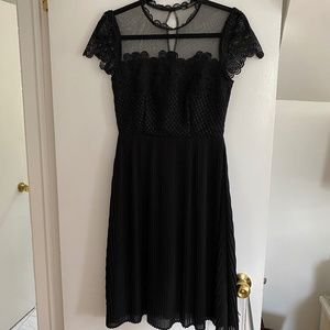 Black Midi Dress, Sheer neckline with lace and Pleated skirt